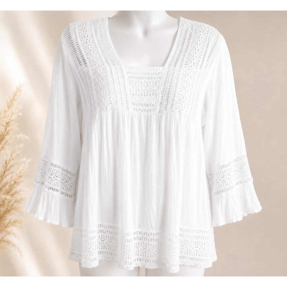 White Cotton Gauze Lace Boho Peasant Top Square Neck Bell Sleeve Cottagecore M